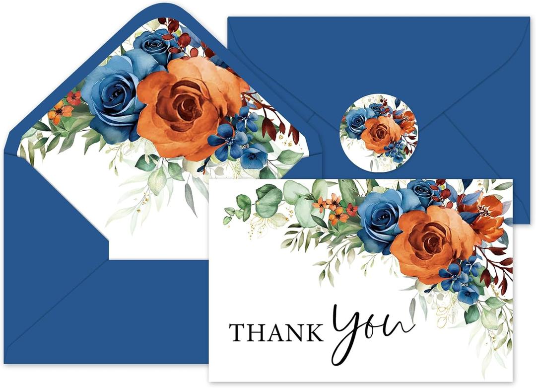 Whaline 36Pcs Watercolor Floral Thank You Cards with Envelopes and Stickers Blue Floral Greeting Cards Rose Flower Blank Note Card for Party Supplies