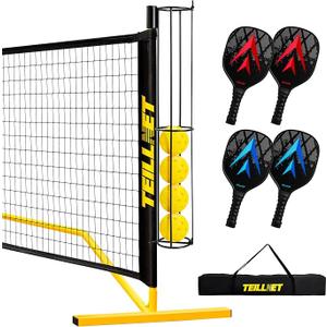 Pickleball Set with Net & Metal Ball Holder - Portable 22FT Regulation Size Net, 4 Wooden Paddles, 4 Balls and Carry Bag, Weather-Resistant Metal Frame, Perfect for Outdoor Indoor Driveway