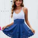 Womens Tankini Swimsuits Tummy Control Bathing Suit Twist Front Cutout Swim Dress with Bikini Bottoms (XL, Blue Stripes)