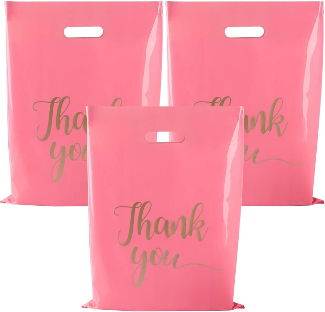 ZORRITA Thank You Bags for Small Business, 100 Pack, 12 x 15 Inch | Extra Thick, Bulk, Pink, Plastic Shopping Bags with Handles, Retail Merchandise Bags, Gift Bags