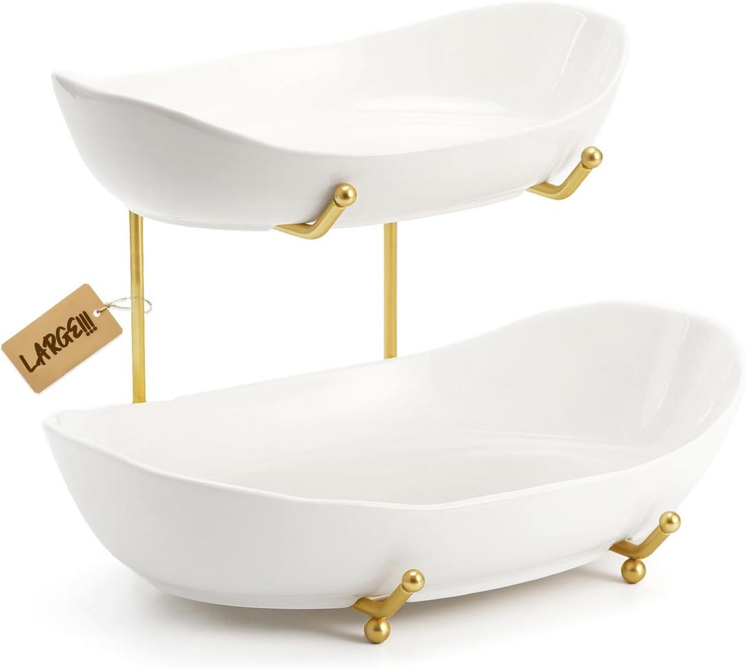 Large Size 2 Tier Ceramic Fruit Bowl,13.4 and 11 inch PlateMore Storage Space, Golden Metal Stand for Kitchen Counter,Porcelain Fruit Basket for Countertop, Snack, Nuts, Cake, Dessert - White