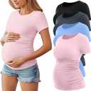 Huukeay 4 Pack Women's Maternity Shirts, Crew Neck Maternity Top Short Sleeve Casual Cotton Tee Side Ruched Pregnancy Clothes (Large, Black, Pink, Light Blue, Dark Gray)