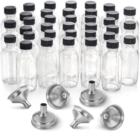 35 Pack, 2 oz Small Clear Glass Bottles w/Lid & 6 Stainless Steel Funnels - 60ml Boston Sample Bottles - Mini Travel Essential or Decorative Bottles for Potion, Juice, Wellness, Ginger Shots, Whiskey