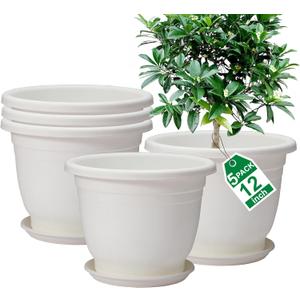 5 Packs 12 inch Flower Pots + Saucer, Planters for Indoor & Outdoor Plants with Drainage Holes | Plastic Flower Pots, Large Planter (White, 12 inch)