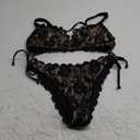 Beachsissi Women's Scalloped Lace Patchwork V Neck Knot Two Pieces Bikini Sets (Black) M