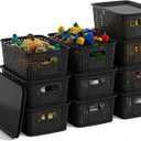 Black Plastic Storage Baskets with Lids 10 Pack Stackable Storage Bins Containers for Shelves Organizing, Cute Decorative Storage Boxes for Classroom, Playroom, Closet, Pantry