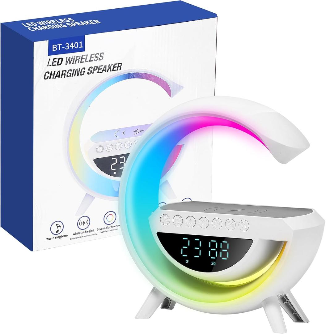 Smart Alarm Clock with Wireless Charging, 9.45" RGB Night Light Table Lamp, Bluetooth Speaker, Sound Machine, Sunrise Wake Up Light, Dimmable LED Lamp for Bedroom, Home Office, Dorm