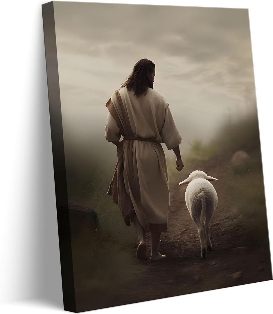 Framed Jesus and Lamb Canvas Wall Art God Faith Poster Prints Wall Decor Picture Christian Home Bedroom Decoration (16"L x 12"W)