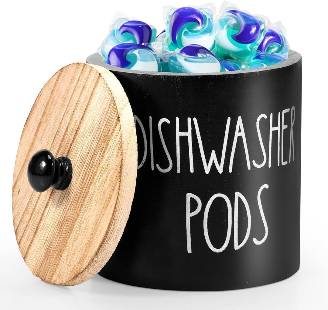 Dishwasher Pod Holder, Black Rustic Round Laundry Pods Container, Dishwasher Tablet Container for Kitchen Decor, Laundry Room Organization and Storage Containers with Wooden Lids