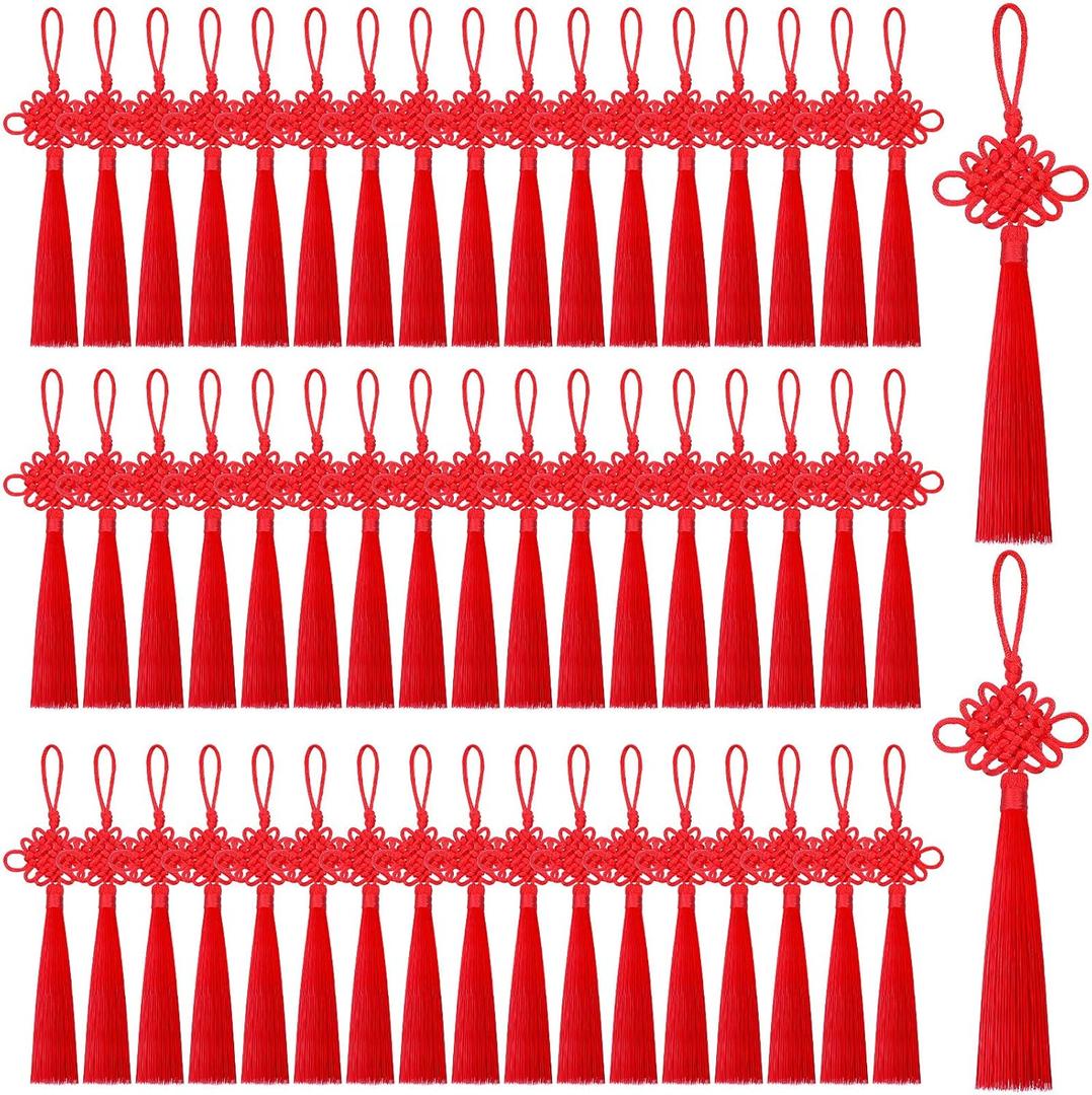 Tatuo 100 Pcs Chinese Knots with Tassels Chinese New Year Decorations 2026 Year of The Horse Handmade Knotting Cord Red Knot with Satin Silk for Spring Festival Decoration