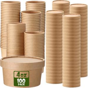 Fulmoon 100 Pack Paper Soup Containers with Lids Disposable Paper Food Containers with Vented Lids Kraft Ice Cream Bowls Soup Cup Ice Cream Cups for Restaurants(4 oz,Brown) (4 Ounce)
