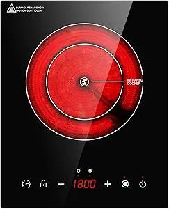 Dual Heating Coil Design of Single Burner Electric Cooktop, 1800W Ceramic Infrared Cooking Hot Plate, Portable Countertop or Built-in Radiant Stove Top Cooker with Wattage and Temperature Control