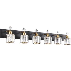 PRESDE Modern Crystal Black and Gold 6 Light Vanity Light Fixtures for Bathroom Over Mirror Bathroom Wall Light Fixtures
