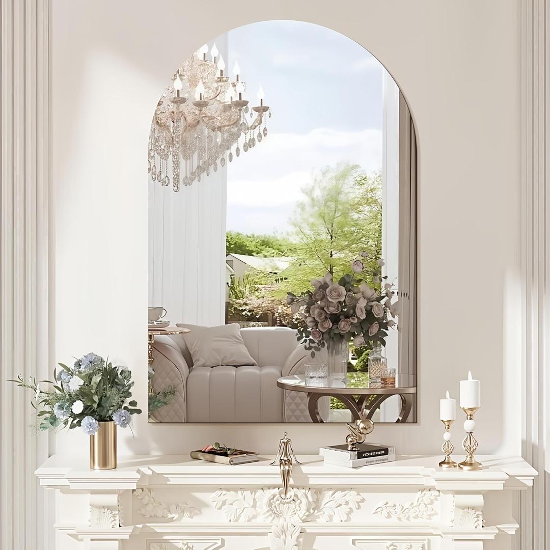 Niccy Arched Mirror, 24"x36" Arch Bathroom Mirror, Decorative Modern Mirrors for Bathroom, Bedroom, Living Room, Entryway, Frameless Vanity Mirror, Unique Wall Mounted