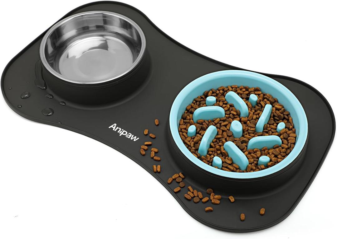 Slow Feeder Dog Bowls 3 in 1 Stainless Steel Dog Food and Water Bowls with Non-Spill Non-Skid Silicone Mat to Slow Down Eating for Large Medium Small Breed Size Dogs and Cats (Grey Blue)