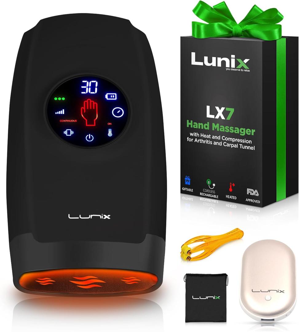 Lunix LX7 Electric Hand Massager with Compression, FSA HSA Eligible, Pressure Point Therapy for Arthritis, Pain Relief and Carpal Tunnel, Shiatsu Massage Machine with Heat, with Hand Warmer, Black