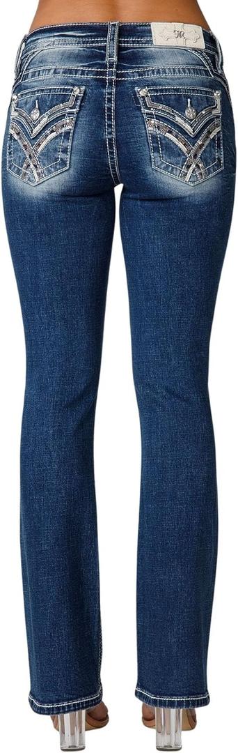 Miss Me Women's Muted X Embellished Faux Flap Pockets Mid-Rise Bootcut Jeans (28W x 34L, Vintage Blue)