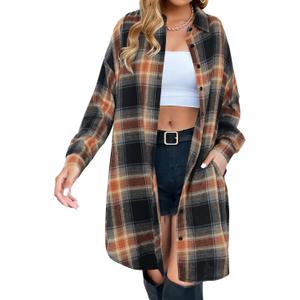 Blooming Jelly Women's Button Down Flannel Shirts Plaid Shacket Long Sleeve Collared Long Jacket Coats (X-Large, Sandy Brown and Black Plaid)