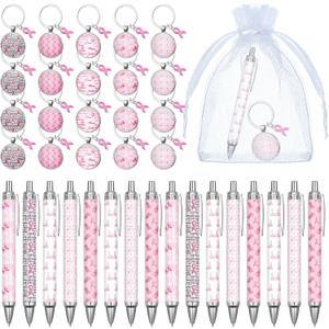 Breast Cancer Awareness Favors Gifts Pink Ribbon Keychains and Pens Bulk with Clear Gift Bags