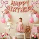 Pink Bow Birthday Balloon Decoration Set Pink & White Bow Print Latex Balloons with Star Happy Birthday Letter Balloons and Pink Bow Foil Balloons Cute Coquette Party Decor for Girls Birthday Party