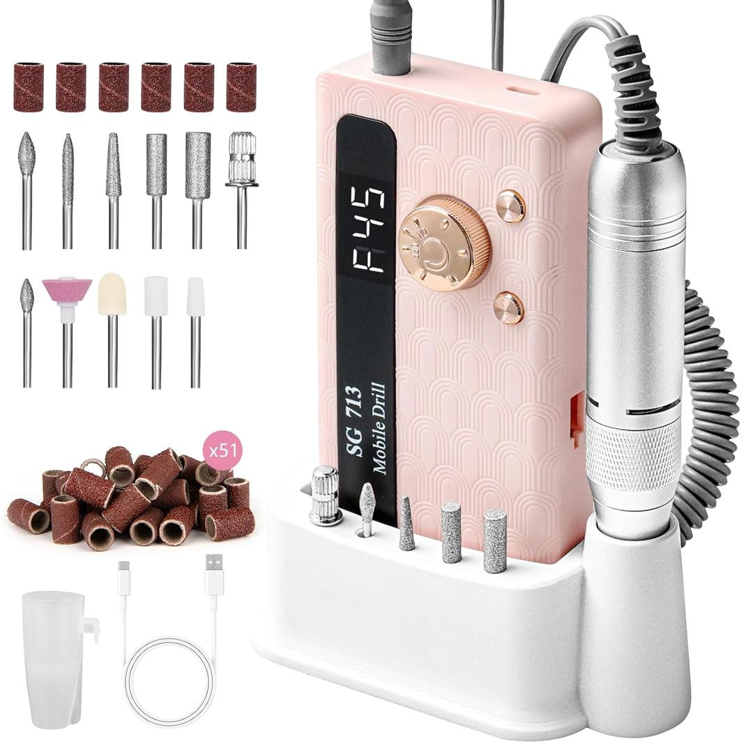 Electric Nail File Professional Kit - 45000RPM Portable Nail Drill Electric File with 11 Bits & BaseLED ScreenUltra-Silent, Rechargeable Nail Drills Machine for Acrylic Nails Gel Polishing (Pink)