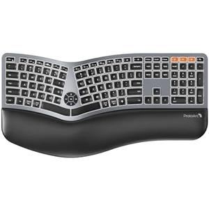 Backlit Bluetooth Ergonomic Keyboard, ProtoArc EK01 Plus Full Size Wireless Split Keyboard with Dual Bluetooth and USB, Cushioned Wrist Rest, Rechargeable for Windows/Mac/Android, Grey Black