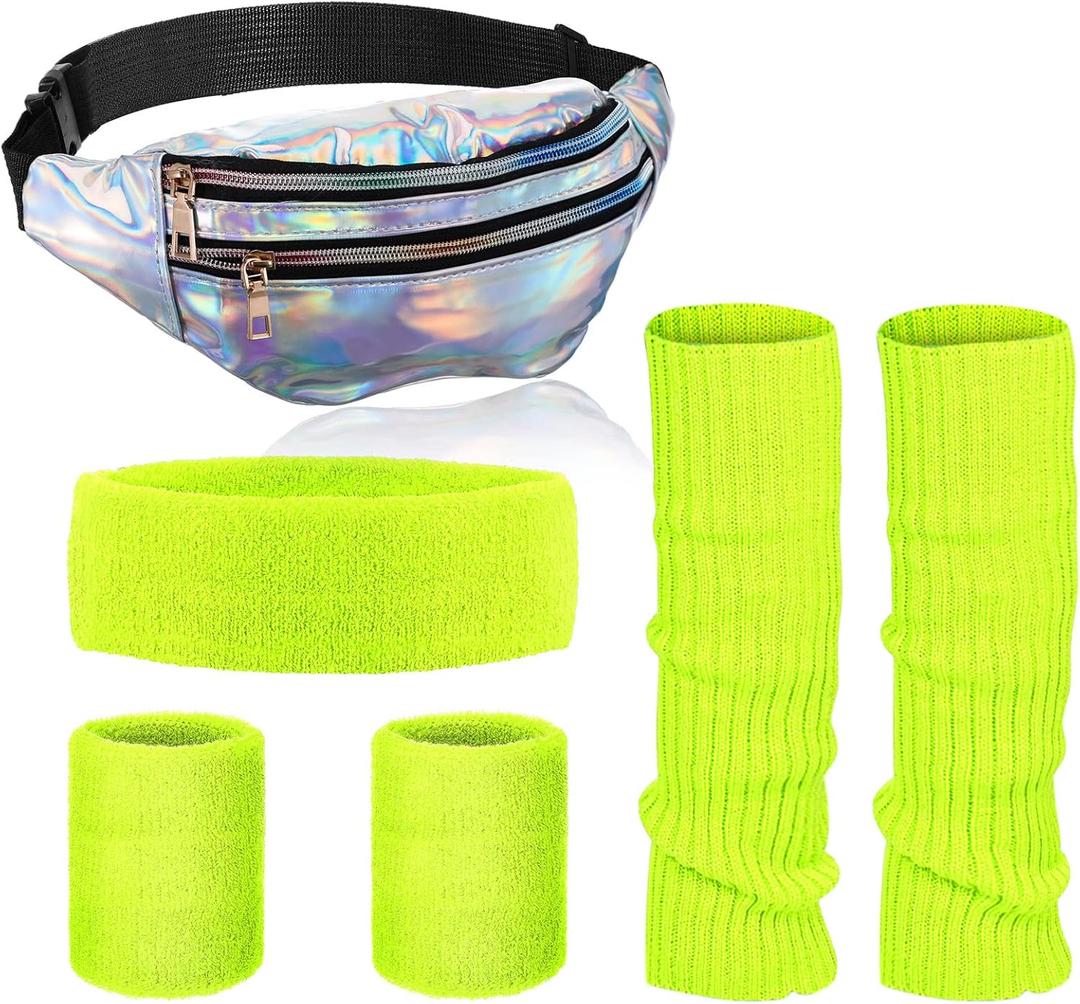 SATINIOR 80s Women Workout Outfit Neon Leg Warmer Headband Wristbands Fanny Pack Set 80s Accessories for Yoga Running (Silve, Yellow)