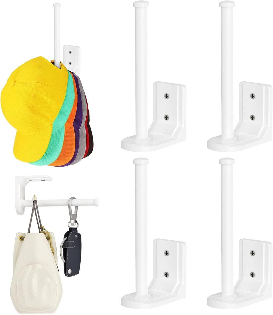 Hat Organizer for Baseball Caps Hat Racks for Wall Baseball Hat Storage Organizer Hat Holder for Closet Hat Display Mount Adhesive/Drill (White, 4 Pack)