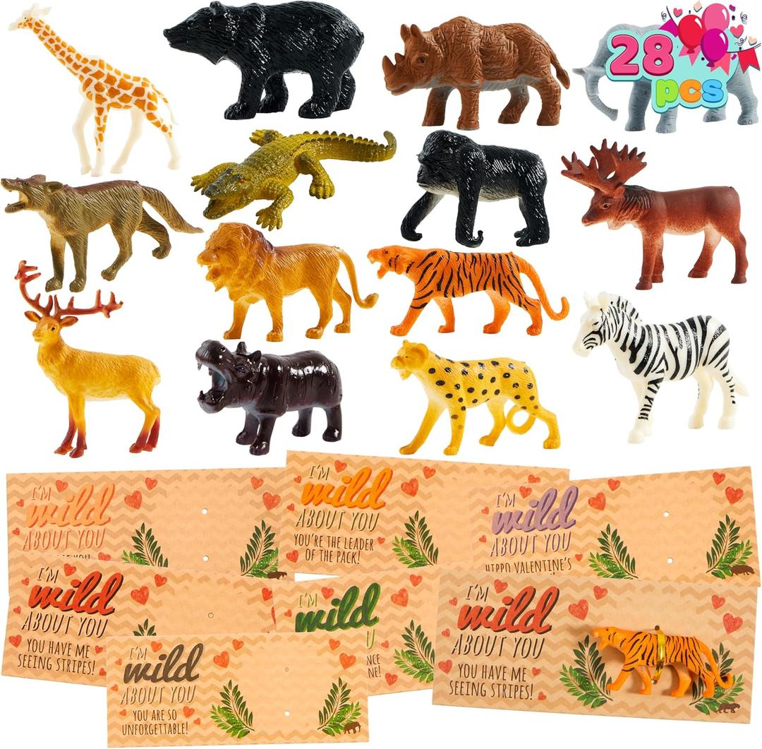 JOYIN 28-Pack Valentine's Day Gifts Cards with Zoo Animals Figures for Boys Girls, Greeting Cards for Classroom Exchange, Kids Party Favors, School Game Prize Toys