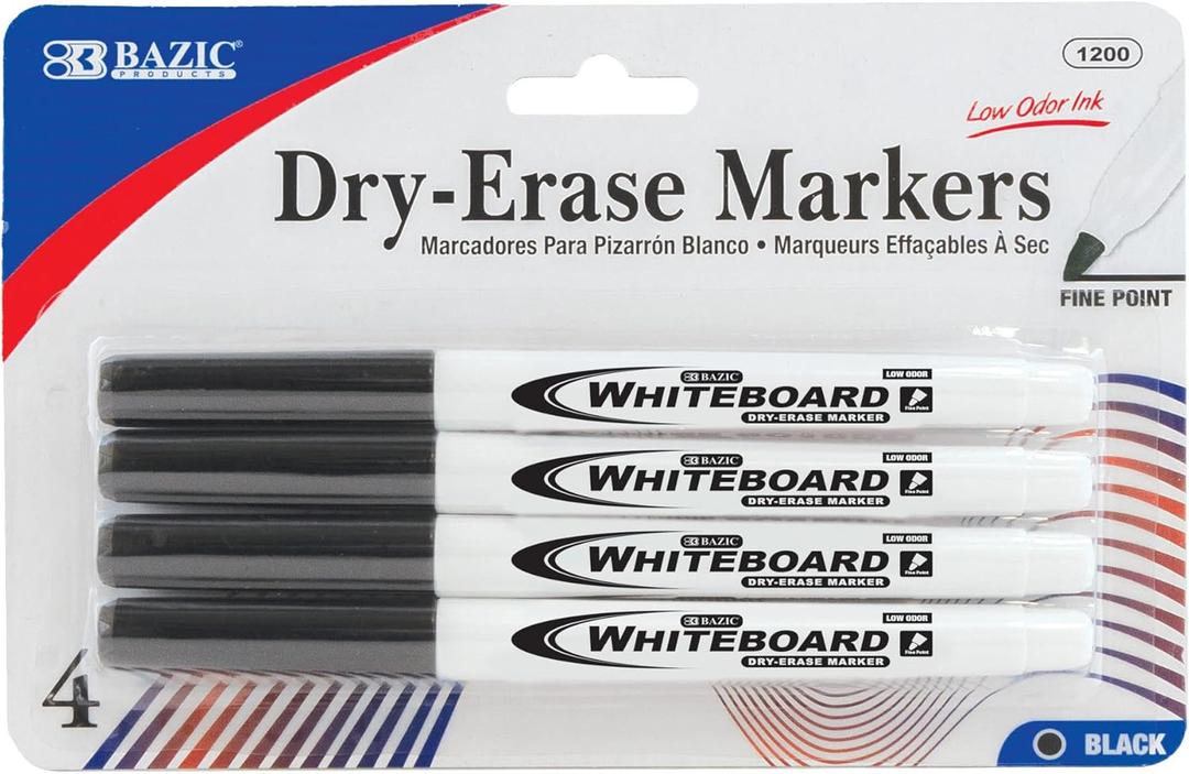 2 x BAZIC Products Dry Erase Marker Black Fine Tip, Whiteboard Pen Marcador, Low Odor Markers White Board Pens for Office School Supplies (4/Pack), 1-Pack