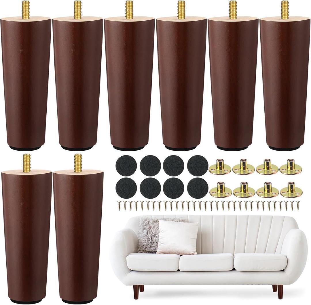 Maitys 8 Pcs 6 Inch Round Solid Wood Furniture Legs Furniture Wooden Replacement Chair Feet Dresser Sofa Couch Legs Table Cabinet Footstool DIY Projects for Home(Brown)