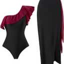 Women's 2 Piece Bikini Set with Long Cover Up Skirt, Ruffled One Shoulder Strap, Bathing Suit Size L