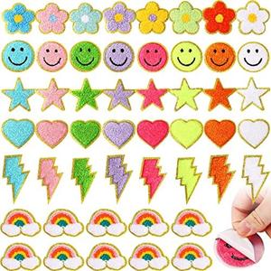 Yilloog 50 Pcs Self Adhesive Chenille Patches Paw Print Smile Face Heart Patch Preppy Sticker Chenille Rainbow Sew on Sticker for Jackets Jeans(Colorful Style,Rainbow Color)