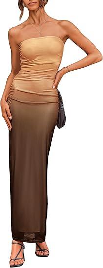 PRETTYGARDEN Women's Summer Wedding Guest Dress Strapless Tube Top Maxi Bodycon Long Floral Mesh Beach Vacation Party Dresses