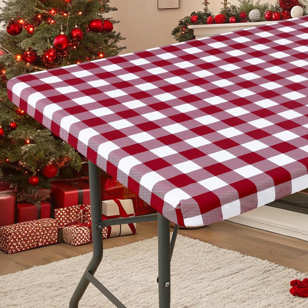 Smiry Rectangle Picnic Table Cloth, Elastic Waterproof Fitted Vinyl Tablecloths, Flannel Backed Buffalo Plaid Table Covers for Dining, Camping, Outdoor (Burgundy and White, 30" x 72")