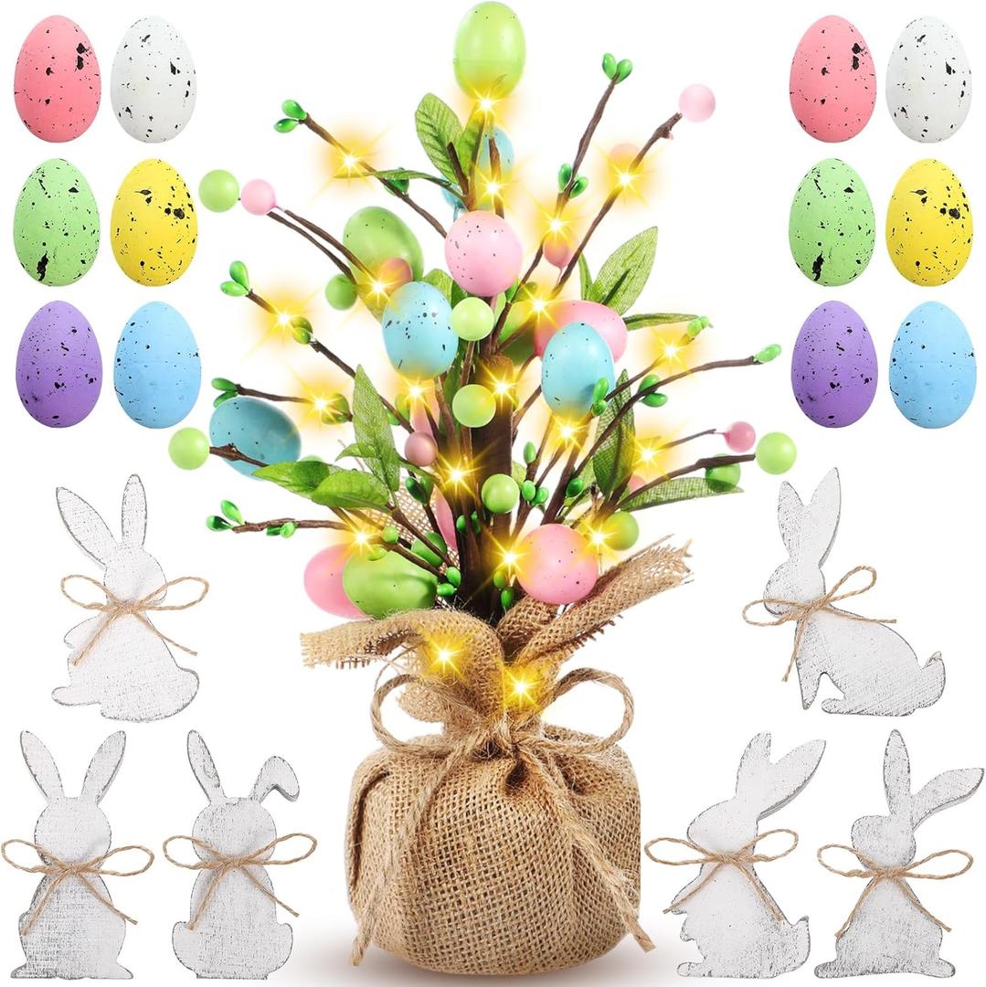 Easter Decor Include 12 Inch Easter Egg Tabletop Tree with Warm Light String 6 Bunny Wooden Signs and 12 Decorative Speckled Eggs for Table Decorations