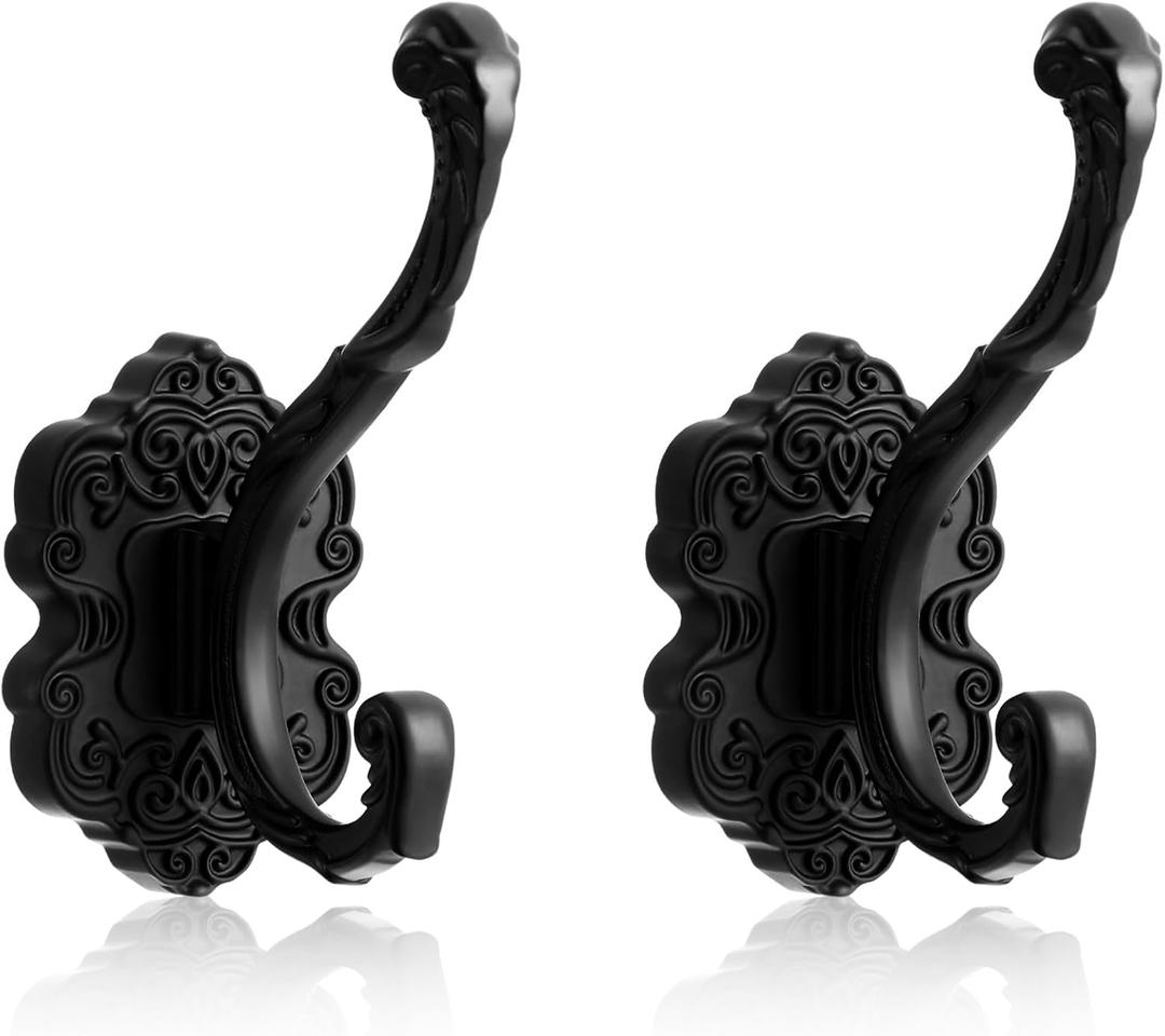 Zonon 2 Pcs Black Vintage Coat Hooks Decorative Towel Hooks for Bathrooms Antique Wall Hook for Hanging Purse Hat Keys Clothes Heavy Duty Unique French Country Curtain Holder for Wall
