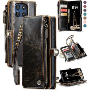 Defencase Compatible with Moto G Stylus 5G (2025) Case, RFID Blocking Wallet Case for Motorola Moto G Stylus 5G 2025 PU Leather Flip Strap Zipper Card Holder Phone Cases for Women and Men, Coffee