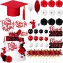 Sureio 48 Pcs Graduation Cake Toppers Class of 2026 Congrats Grad Cake Decor Graduation Cap Diploma Artificial Flower Card Ball Palm Leaves Firework Stick Kit for Theme Party Supplies(Red, White)
