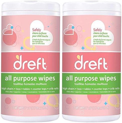 Dreft Multi-Surface All-Purpose Gentle Cleaning Wipes for Baby Toys, Car Seat, High Chair & More, 70 Count, Pack of 2