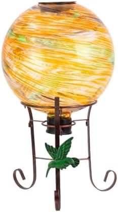 YELENEW 10" Diameter Solar Gazing Ball and 8.5" Metal Stand Indoor Outdoor Garden Ornament Glass Globe Sphere Yard Art Gazing Globe for Garden,Home,Lawn,Porch,Patio Birthday Gift for Women(Orange)