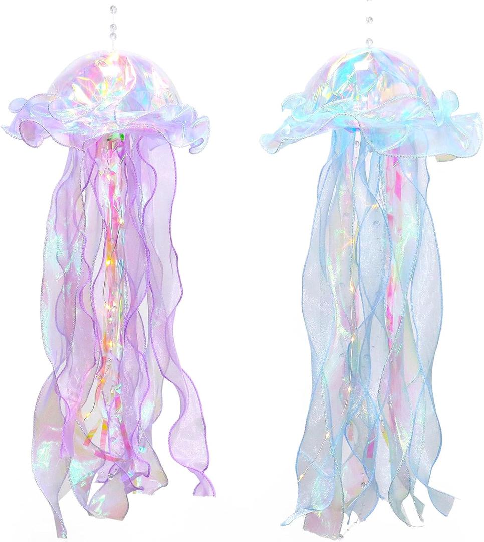 Glitter Iridescent Jellyfish Hanging Decor Blue Purple Jellyfish Kit for Under The Sea Little Mermaid Party Decoration Hanging Jelly Fish Decor Ocean Birthday Wedding Bridal Baby Shower Pa