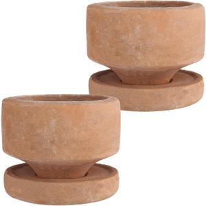 Yungyan 2 Set 4.3'' Rustic Terracotta Plant Pot with Drainage Saucer Vintage Breathable Clay Planter Farmhouse Flower Pot Distressed Finish for Flower Succulent Modern Home Garden Decor(Round)