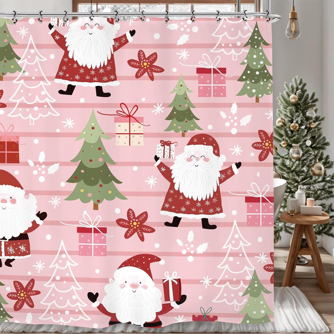 Pink Christmas Holiday Shower Curtain 72Wx72L Winter Santa Claus Cute Xmas Tree Holiday Kids New Year Bathroom Set Accessories Decor with 12 Pack Hooks