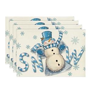 Artoid Mode Blue Snow Snowman Winter Placemats Set of 4, 12x18 Inch Seasonal Holiday Christmas Place Mats for Party Dining Table