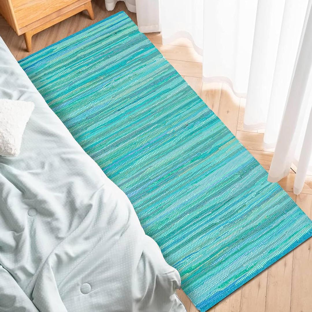 Cotton Hand Woven Chindi Runner Rug 2x6 Feet - Teal, Durable Rectangular Large Door Way Rag Rugs Ideal for Hallways, Kitchen, Bedroom, Nursery Room | Green Soft Reversible Floor Mat for Kids Space