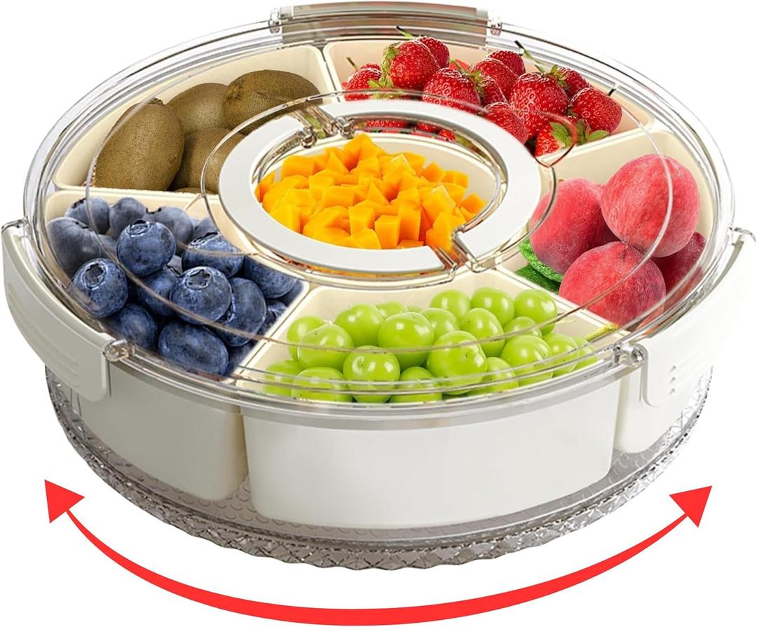 12" Divided Rotating Serving Tray with Lid and Handle  Clear Snack Spinner Organizer and Storage 12 Inch Portable Snackle Box for Fruits Snacks Veggie Charcuterie with 6 Compartments (White)