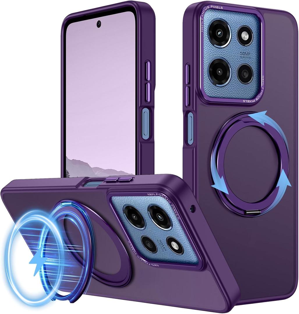 Strong Magnetic for Moto G 5G 2025 Case with Stand,Fit for MagSafe,360Rotatable Ring Designed,Translucent Matte Texture Protective Military Grade Shockproof,All Purple