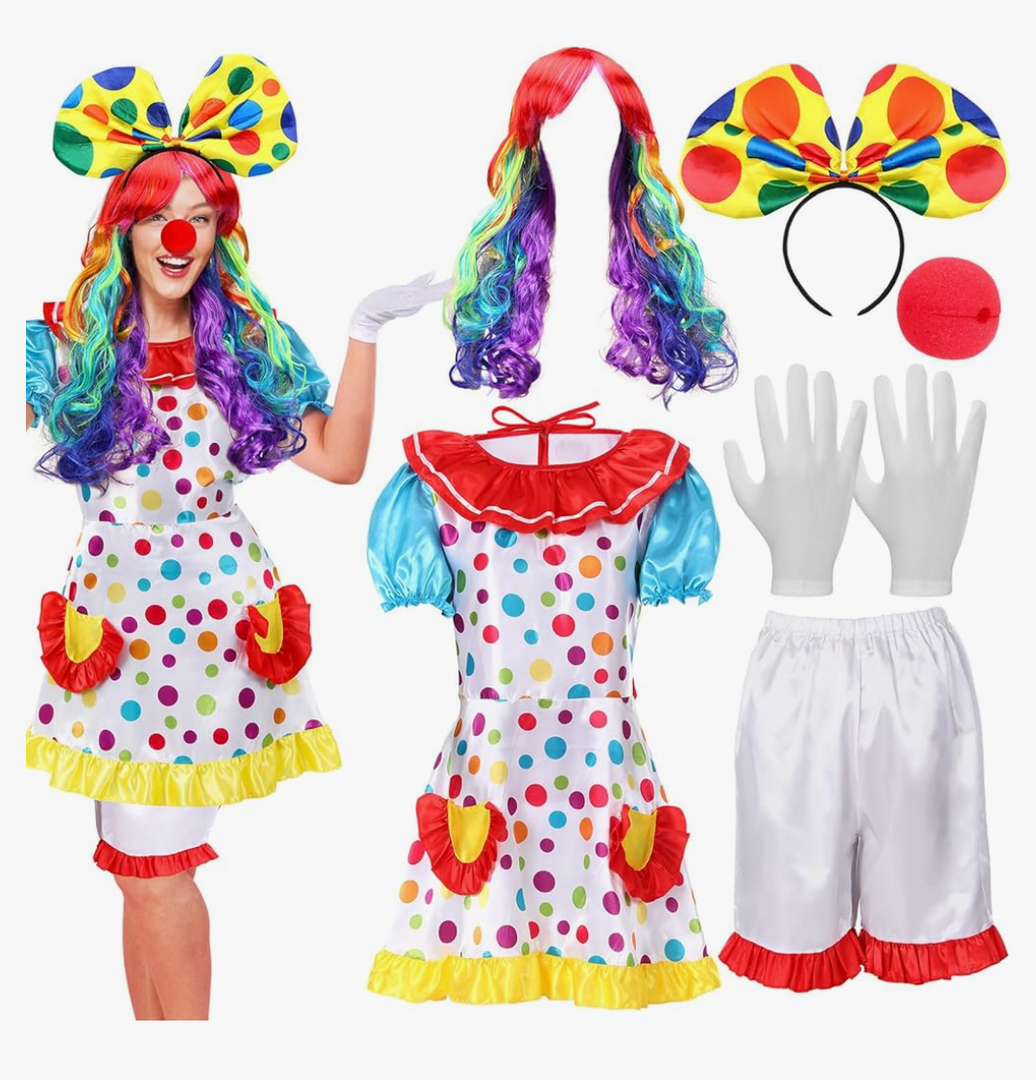 6 Pcs Clown Costume Set Women Circus Dress Rainbow Clown Wig Headband Nose Shorts Gloves for Halloween cosplay, Size L