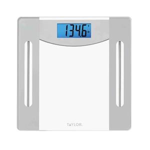 Taylor Weight Tracking Smart Scale for Body Weight with Bluetooth Sync, 400 lb Capacity, HSA/FSA Eligible, Glass & Metallic Silver Platform, Blue Backlit Display, Syncs with WeighSync App, Clear